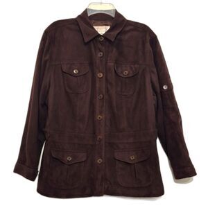 Jones New York Sport Brown Suede Button Front Utility Jacket 1X LS Safari Style